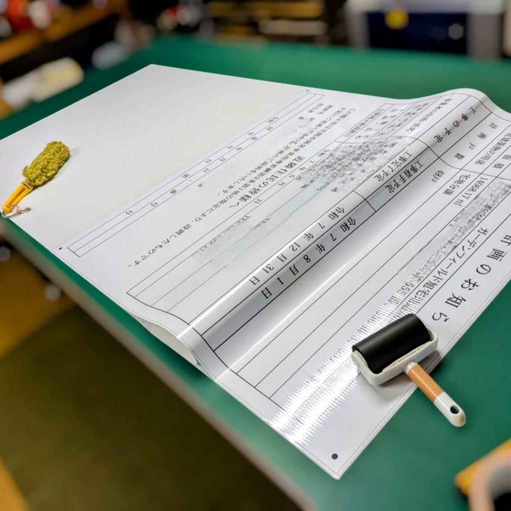 印刷をシート厚さ３ｍｍのダンプラに貼って看板製作