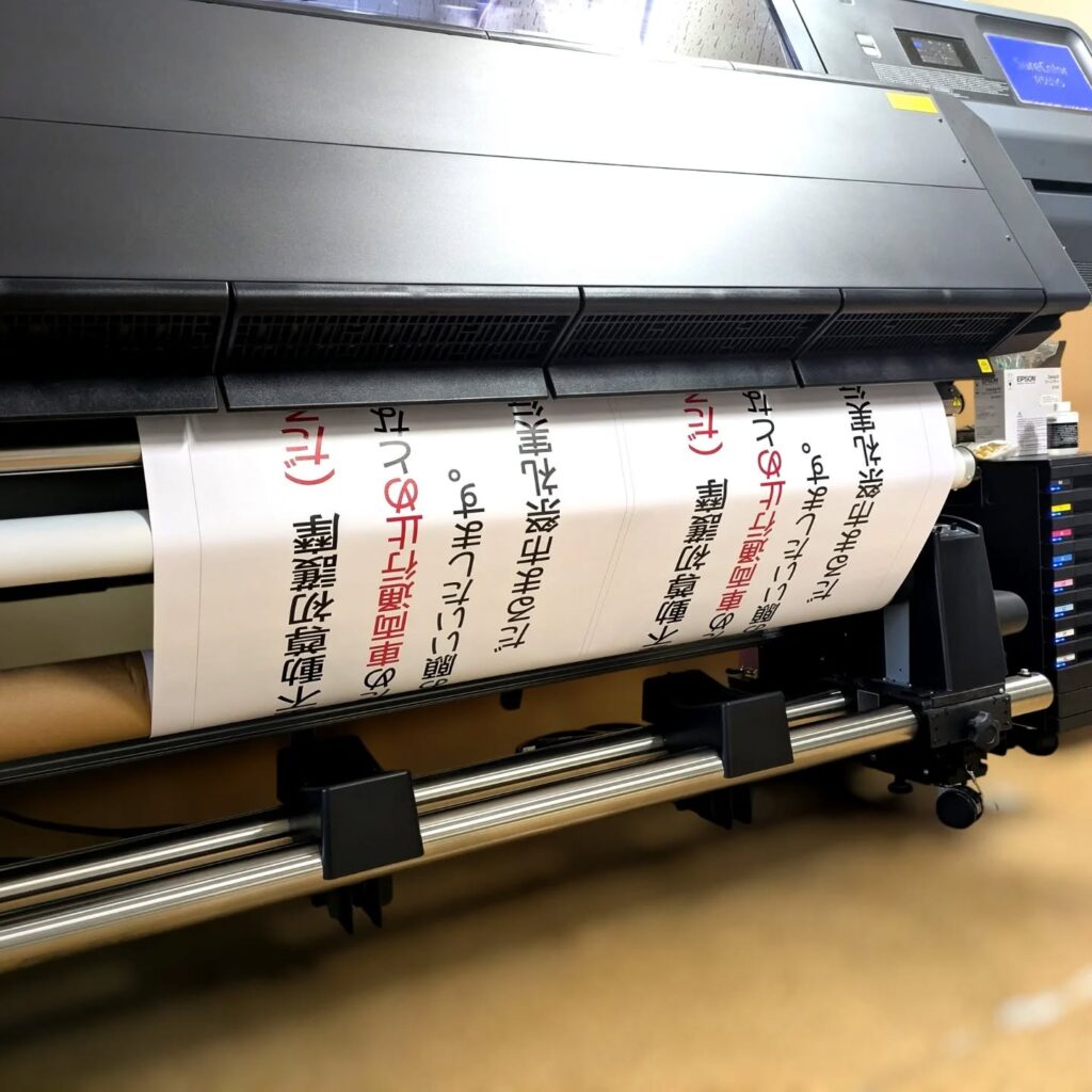 捨て看板を製作するために軽量ターポリンに印刷