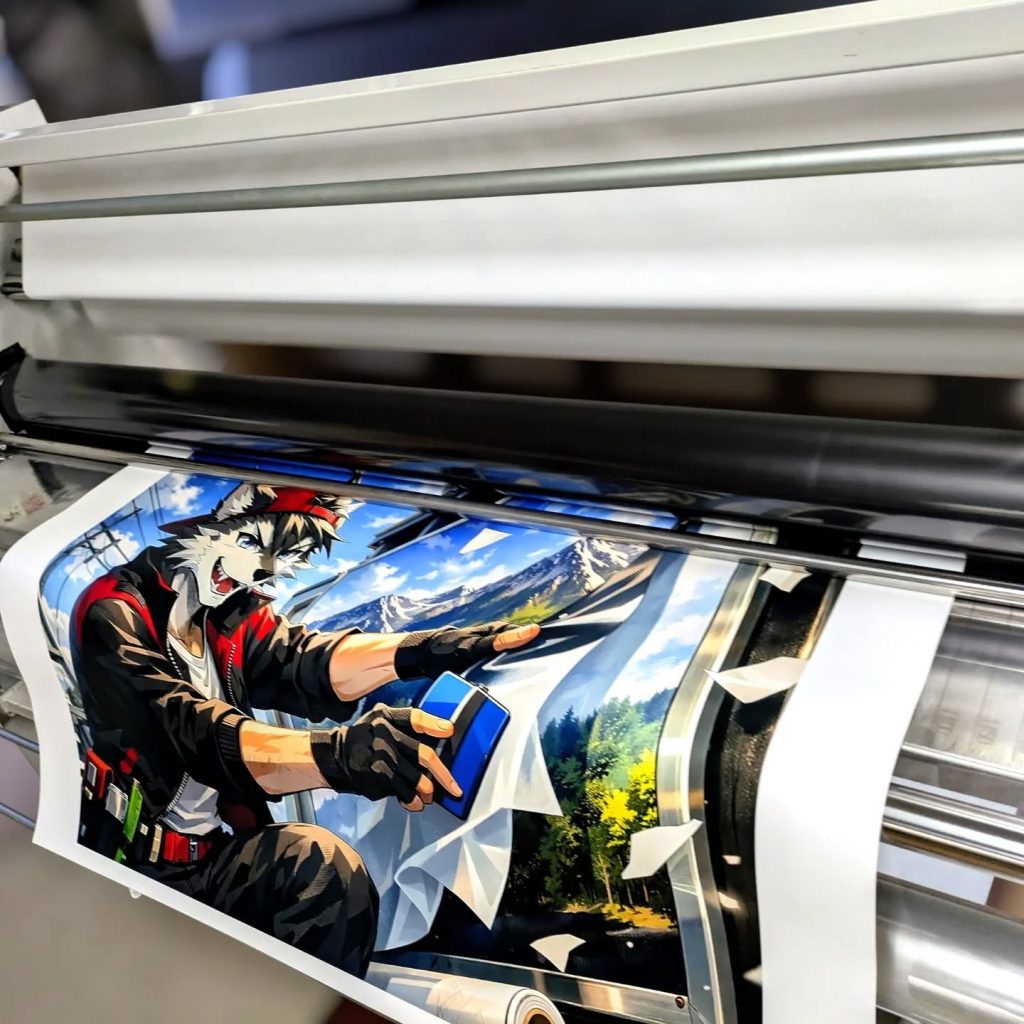 ユポ紙に印刷後、色あせ防止のUVカットラミネート加工