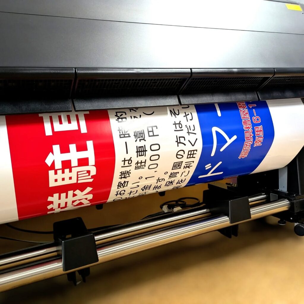 駐車場のアルミ複合板看板を製作するために糊付き塩ビシートのインクジェットで印刷